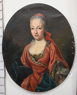 Oval Portrait, woman wearing a blue and red shawl, oil on canvas, unsigned, 32" x 25.5".