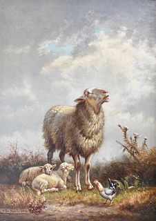 Henri De Beul (1845-1900), sheep and chicken, oil on canvas, signed and dated lower left H. De Beul 1882, 14" x 10".