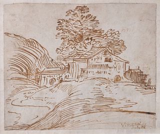 Attributed to Vincent Van Gogh, landscape with house, ink sketch, signed lower right in pencil Vincent, sheet size 4 1/4" x 5".
