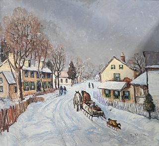 Edward O Kraske, winter landscape with snow sleigh, oil on board, signed lower right E. Kraske, sold at Alderfer Auction 6/7/2006, 26" x 27".