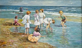C.C. Cooper, beach scene with children playing, oil on canvas, signed lower right C.C. Cooper, 36"x 60".