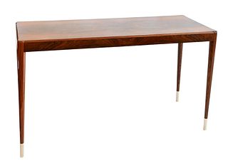 Custom Rosewood Hall Table, set on turned and tapered legs ending in chrome caps, height 28.5 inches, length 50.75 inches.