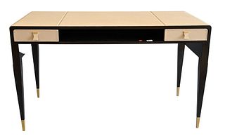 Rubelli Casa Rio Novo Desk, dark satin wood with leather top and leather drawer fronts, new price $7,900.00, height 30 inches, depth 23.5 inches, leng