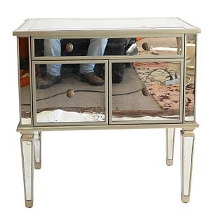Contemporary Mirrored Cabinet, having one long drawer over two drawers set on square tapered legs, height 30.5 inches, top length 30 inches.