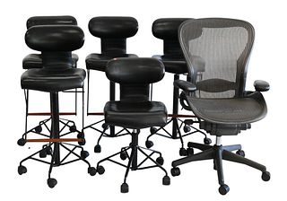 Six Piece Lot, to include set of five Italian modern leather barstools, along with a Herman Miller Arrow office chair.