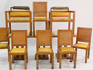 Eleven Piece Jacqueline Morabito Lot, to include three tables with glass inserts, six side chairs, two armchairs, architect Yves Bayard, height 29 inc