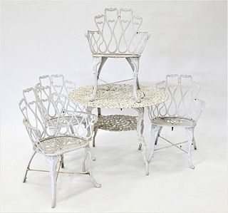 Five Piece Metal Outdoor Set, to include table and four armchairs, table diameter 41 inches.