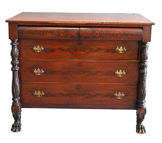 Empire Mahogany Two Over Three Drawer Chest, having acanthus carved pillars and claw feet, height 40 inches, top 23 1/2" x 49 1/2".