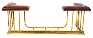 Brass Fire Rail, having upholstered top, height 21 inches, width 62 inches, depth 20 inches.