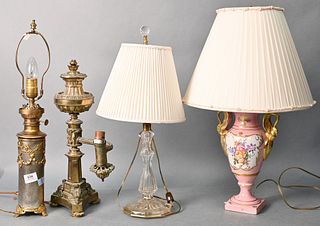 Group of Four Table Lamps, gilt decorated candlestick made into a table lamp, bronze oil lamp, French porcelain urn and mixed metal with bronze, total