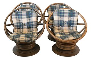 Four Mid Century Bentwood Round Bamboo Swivel Chairs, height 32, width 32 inches.