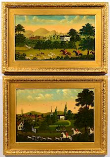 Pair Hunt Scene Paintings, Signed Gregory