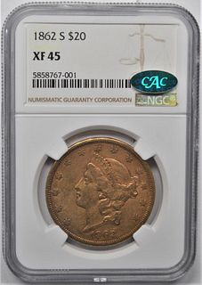1862-S $20 LIBERTY GOLD DOUBLE EAGLE NGC XF45 CAC