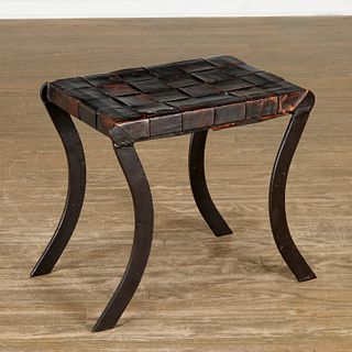Klismos style leather strapped iron stool