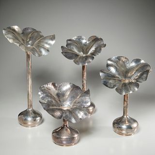 M. M. Evolucao, (4) silver plated flora-form vases
