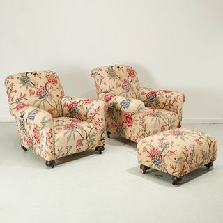 Nice pair crewelwork lounge chairs & ottoman