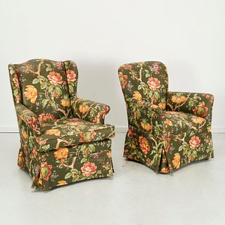 (2) Custom designer floral chintz lounge chairs