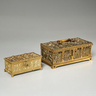 (2) Neo-Gothic bronze & gilt metal jewelry caskets