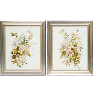 (2) Victorian floral paintings, oil on white glass