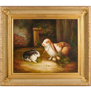 P. Rolence, oil on canvas, rabbits