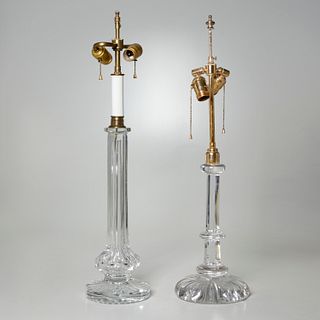 (2) antique colorless cut glass column table lamps