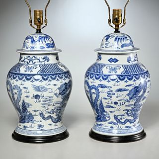 Pair Chinese blue & white porcelain jar lamps