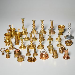Collection antique brass candlesticks & miniatures