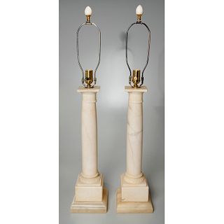 Pair large alabaster column table lamps
