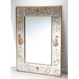 Large eglomise decorated Chinoiserie wall mirror