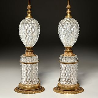 Pair Empire cut glass, gilt bronze table lamps