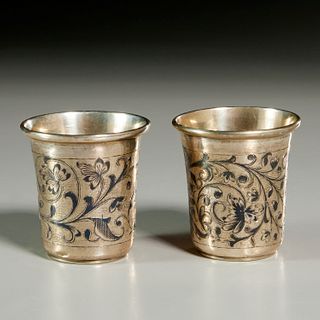 Pair Russian silver and niello beakers