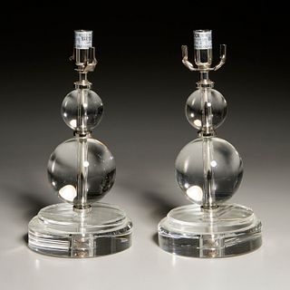 Pair Modernist colorless glass orb lamps
