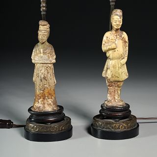 Pair Chinese glazed pottery figure lamps