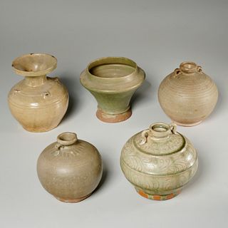 Group (5) early Asian celadon glazed vessels