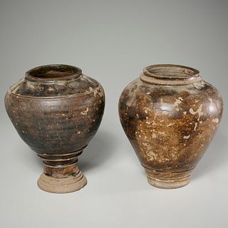 (2) Khmer glazed pottery vessels