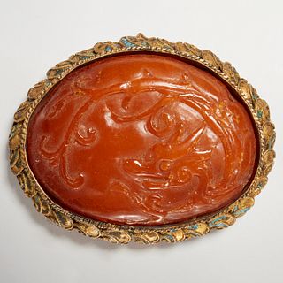 Chinese amber carving set in silver mount
