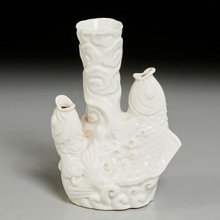 Chinese blanc-de-chine triple spouted carp vase
