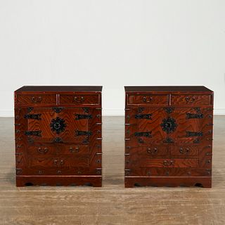 Pair small Korean iron mounted elm cabinets