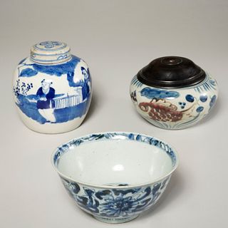 Antique Chinese blue & white jars and bowl