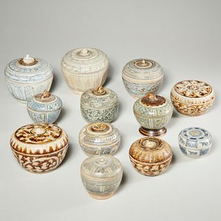 Group (12) Sawankhalok ceramic lidded jars
