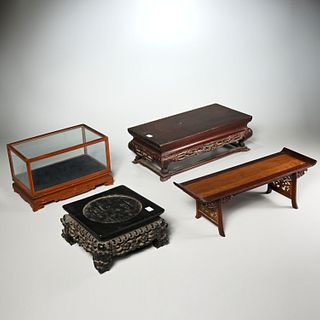 Chinese hardwood carved stands & display case