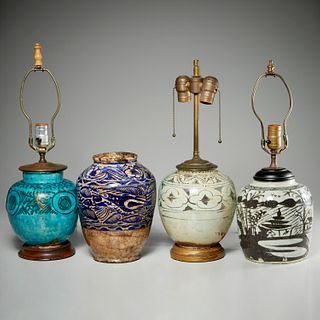 (4) Persian pottery jars mounted as lamps