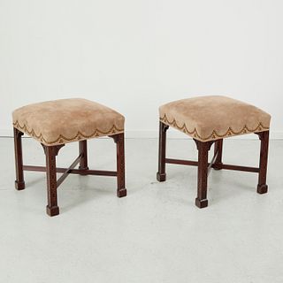 Pair Chippendale style suede upholstered stools