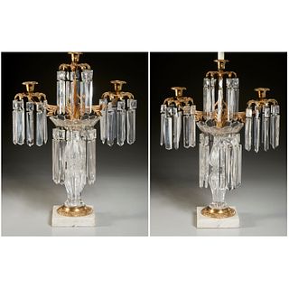 Pair Victorian luster candelabra table lamps