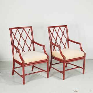 Pair McGuire red lacquered rattan armchairs