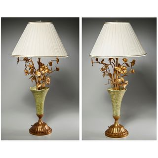 Nice pair Italian gilt metal floral lamps