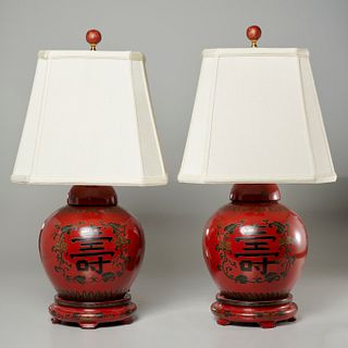 Pair Chinese style red lacquer ginger jar lamps
