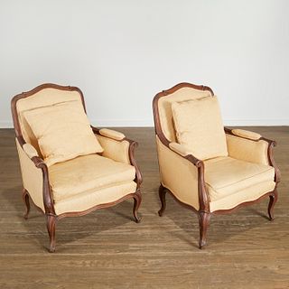 Pair antique Louis XV style upholstered bergeres