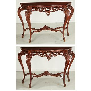 Pair French style mahogany demilune consoles