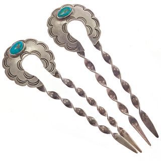 Pair of Navajo Turquoise, Sterling Silver Hair Pins